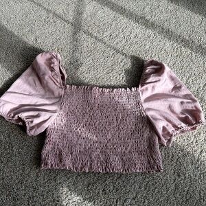 Cropped Mauve Smocked Blouse with Puff Sleeves